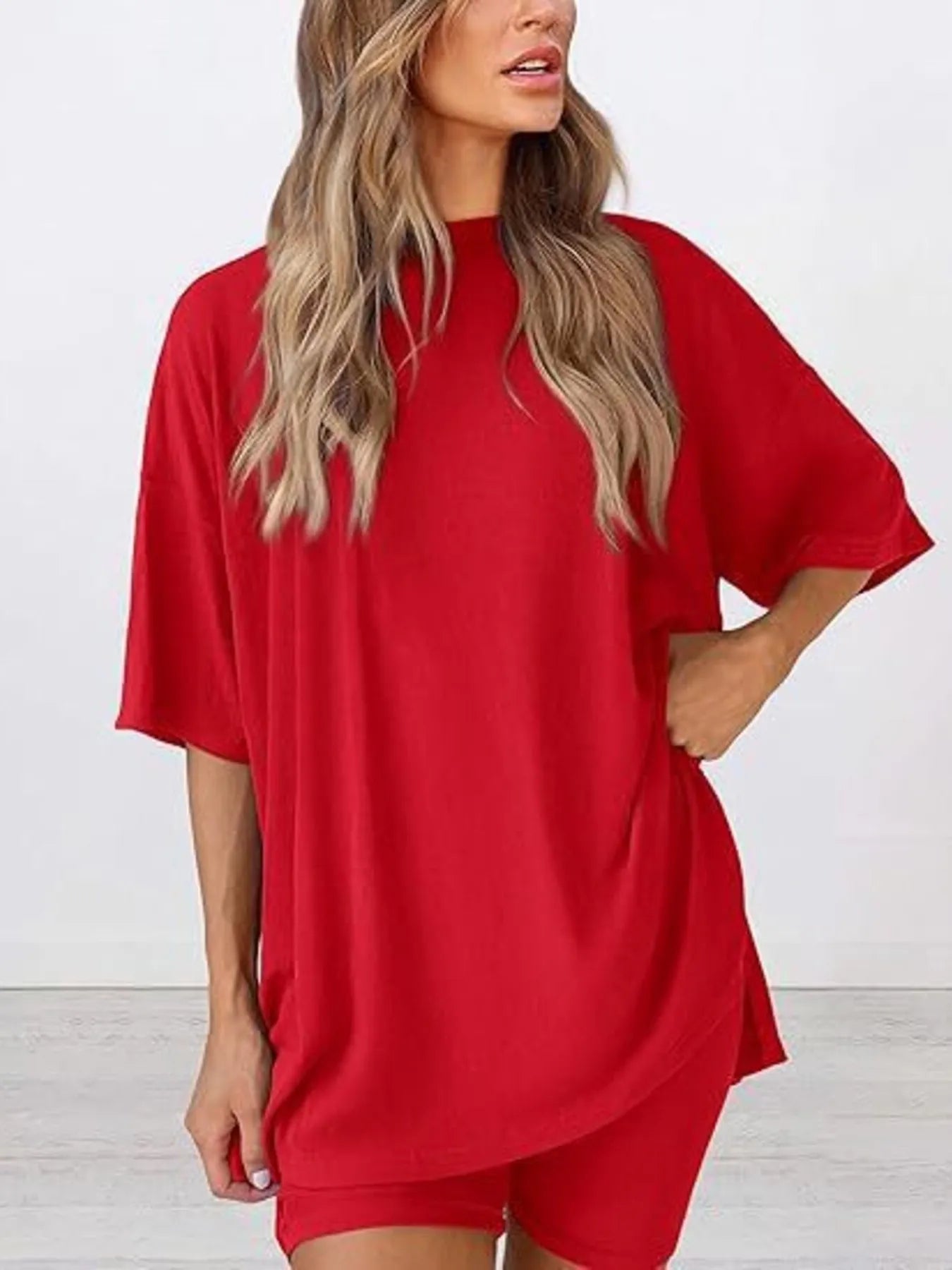 Oversized Slit Round Neck Top and Shorts Lounge Set | Outfit Sets Top and Shorts from PHUNKYN