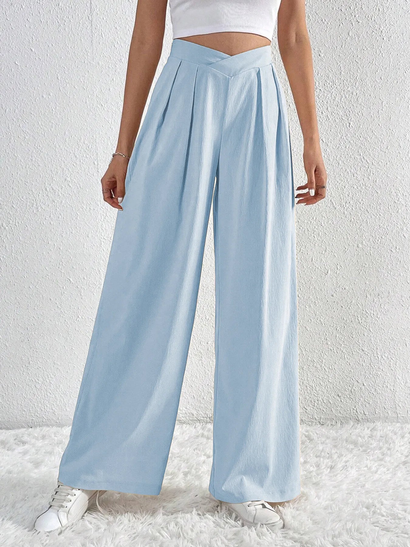 V-Waisted Ruched Front Wide Leg Pants | Trousers Wide Leg Pants from PHUNKYN