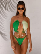 Contrast Halter Neck Chain Detail One-Piece Swimsuit | One-Piece Swimsuits One-Piece from PHUNKYN
