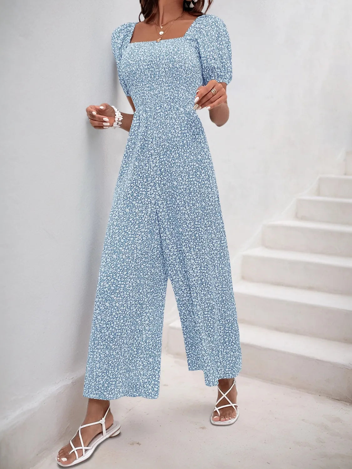 Printed Square Neck Puff Sleeve Jumpsuit | One-Pieces Jumpsuit from PHUNKYN