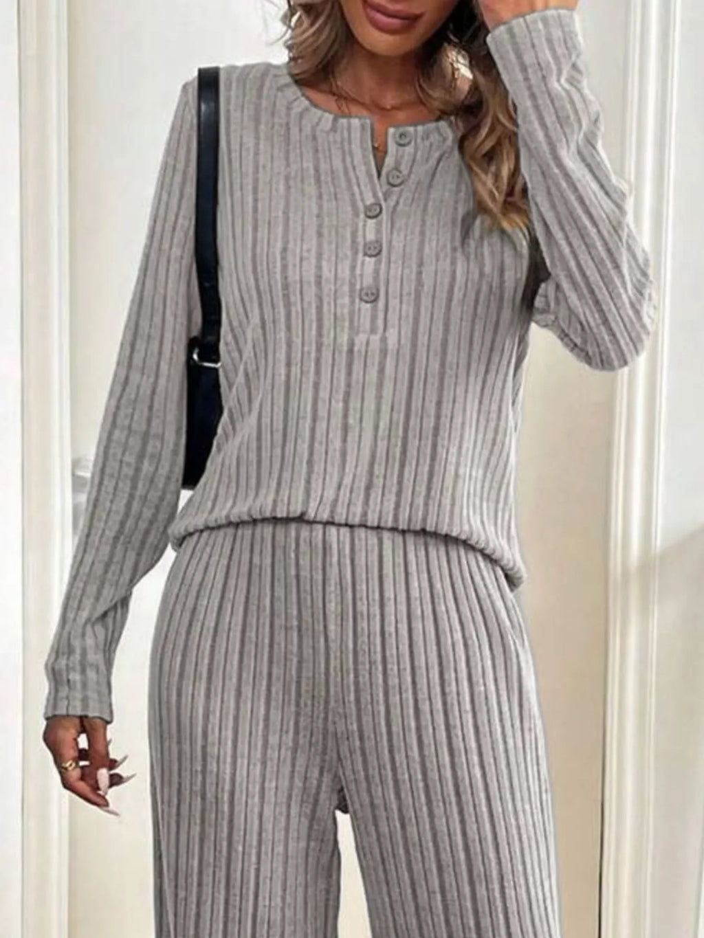 Button Detail Long Sleeve Top and Pants Set | Outfit Sets Top and Pants Set from PHUNKYN