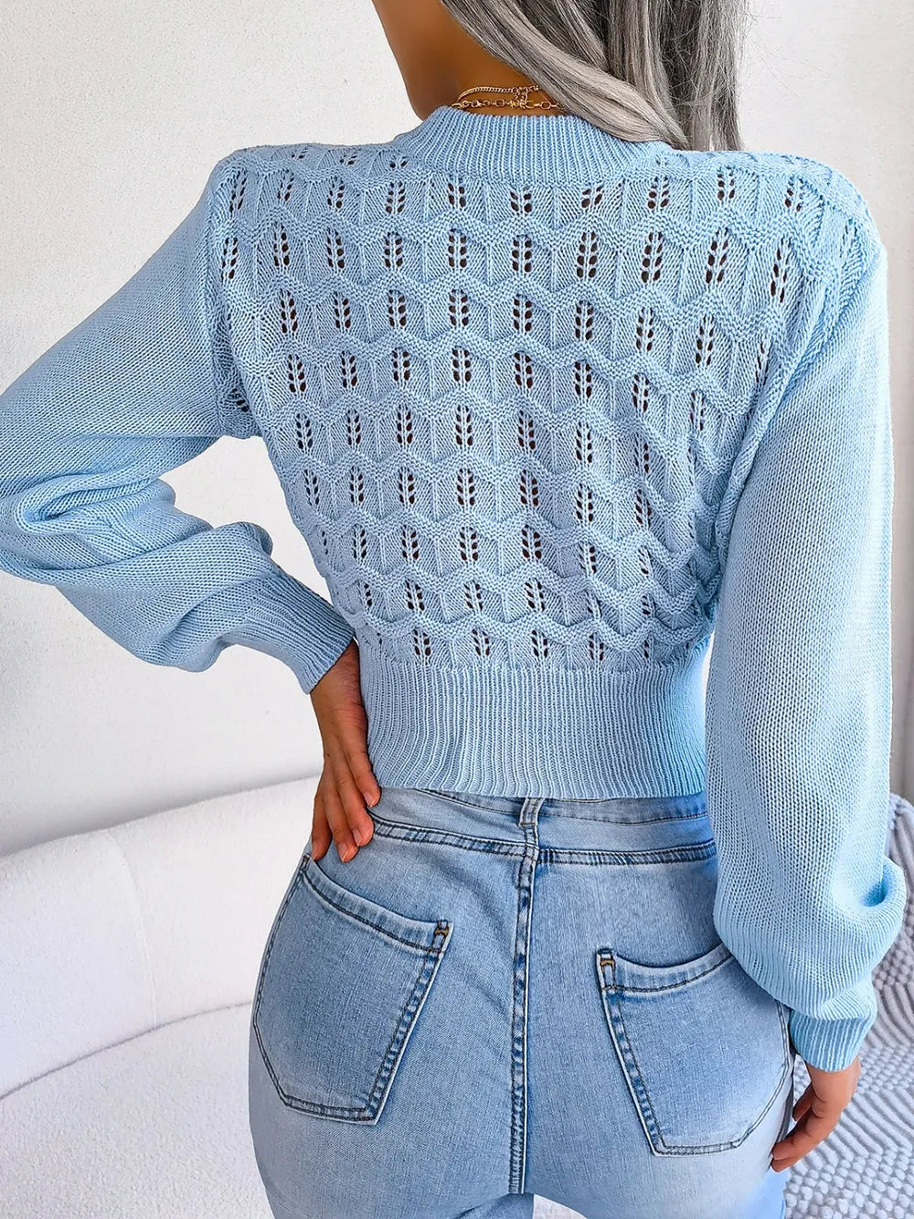 Openwork Mock Neck Long Sleeve Cropped Sweater | Sweaters Sweater from PHUNKYN