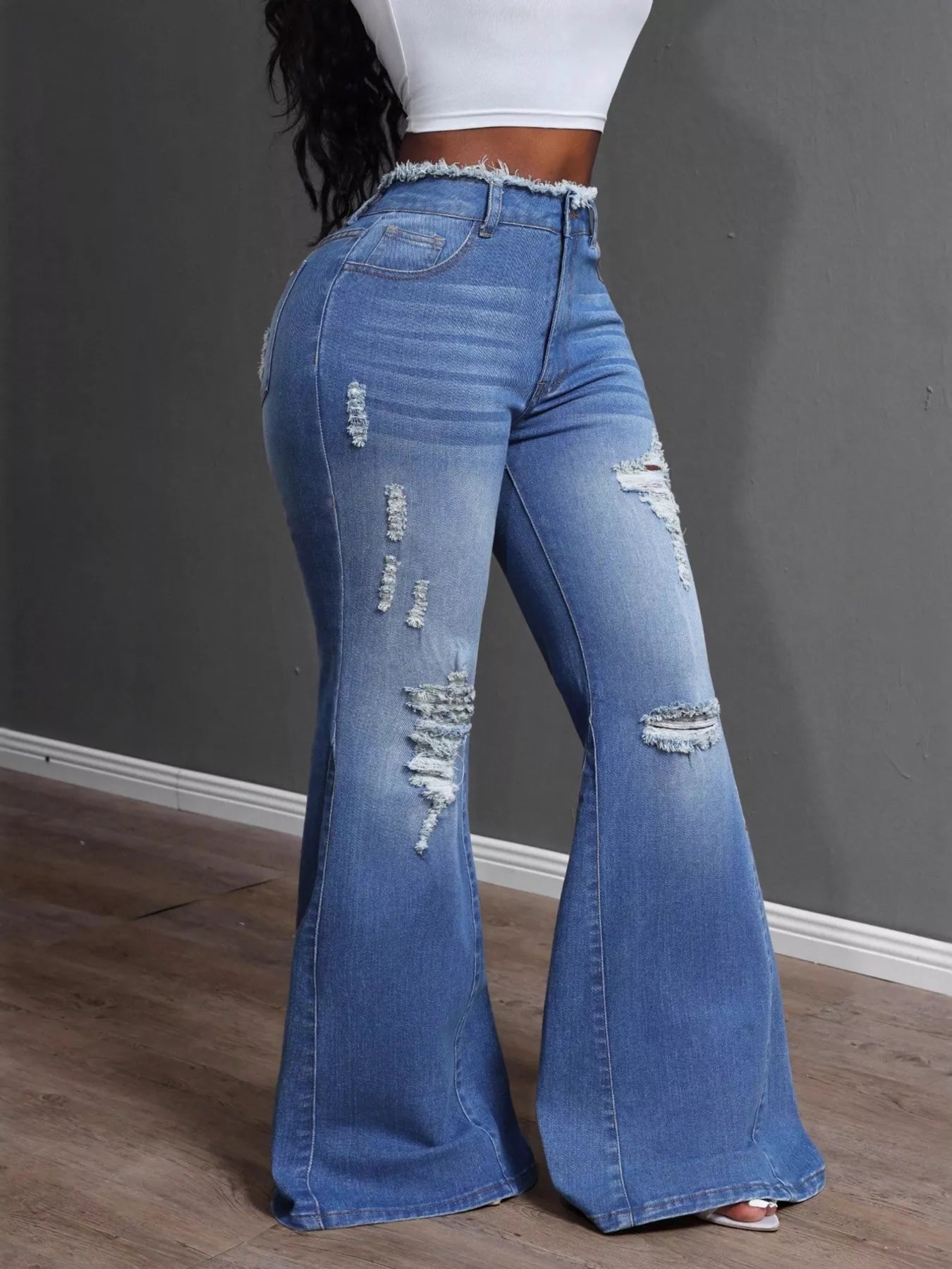 High Waisted Distressed Flare Jeans | Jeans Flare Jeans from PHUNKYN