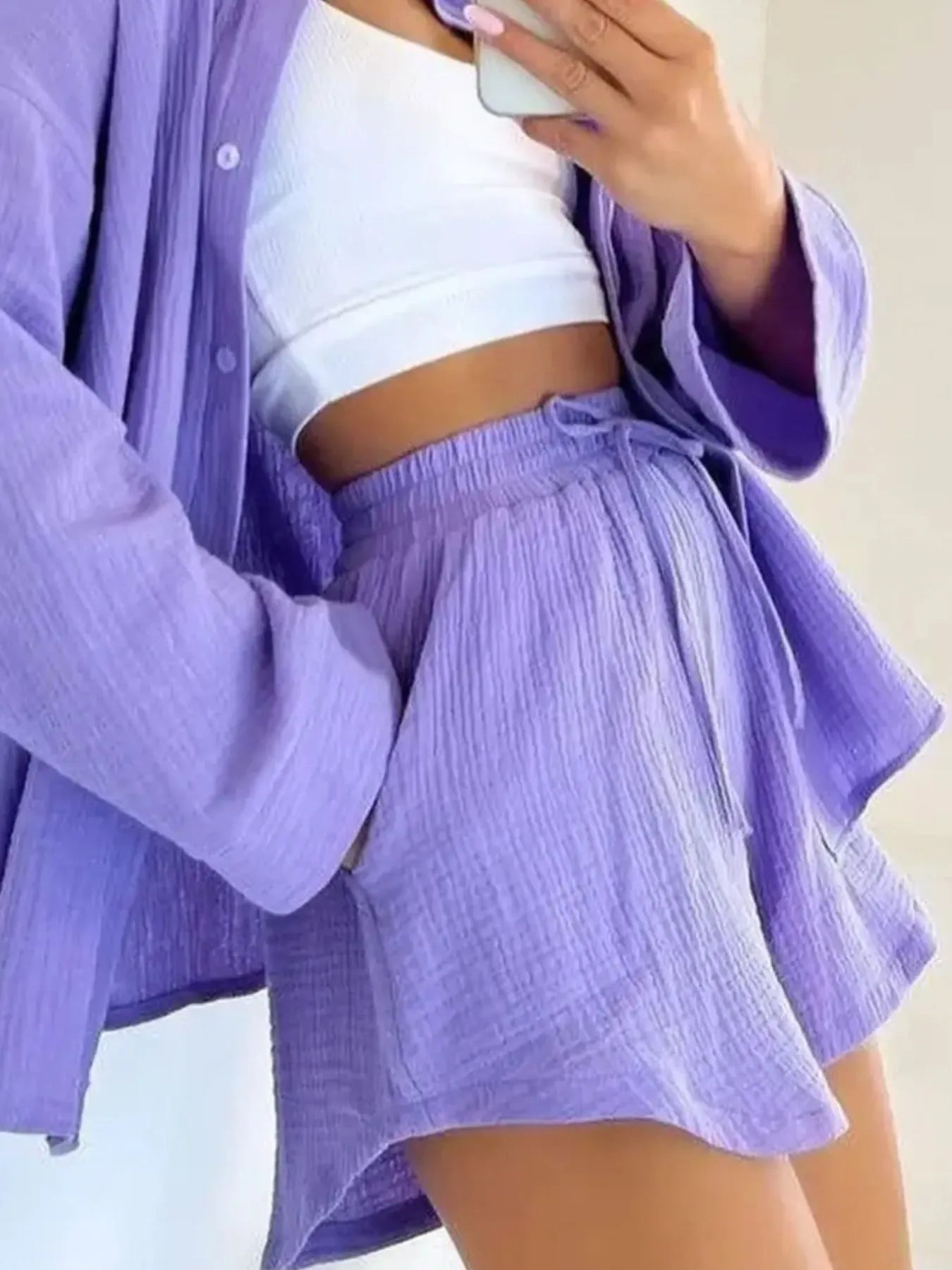 Texture Button Up Shirt and Shorts Set | Outfit Sets Top and Shorts Set from PHUNKYN