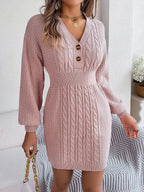 Buttoned Cable-Knit V-Neck Sweater Dress | Dresses Sweater Dress from PHUNKYN