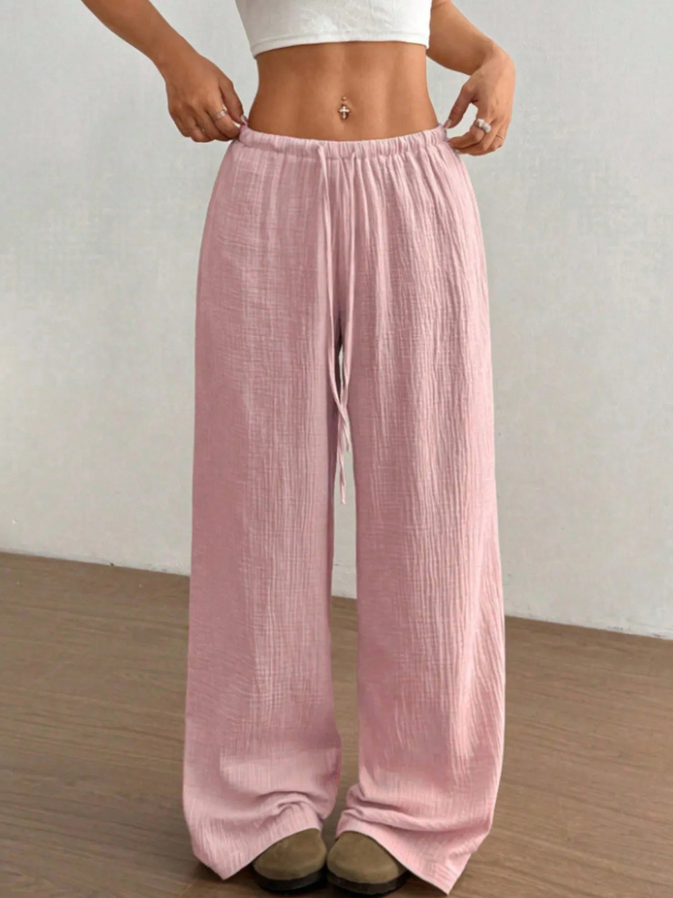 Wide Leg Drawstring Casual Pants | Trousers Wide Leg Pants Set from PHUNKYN