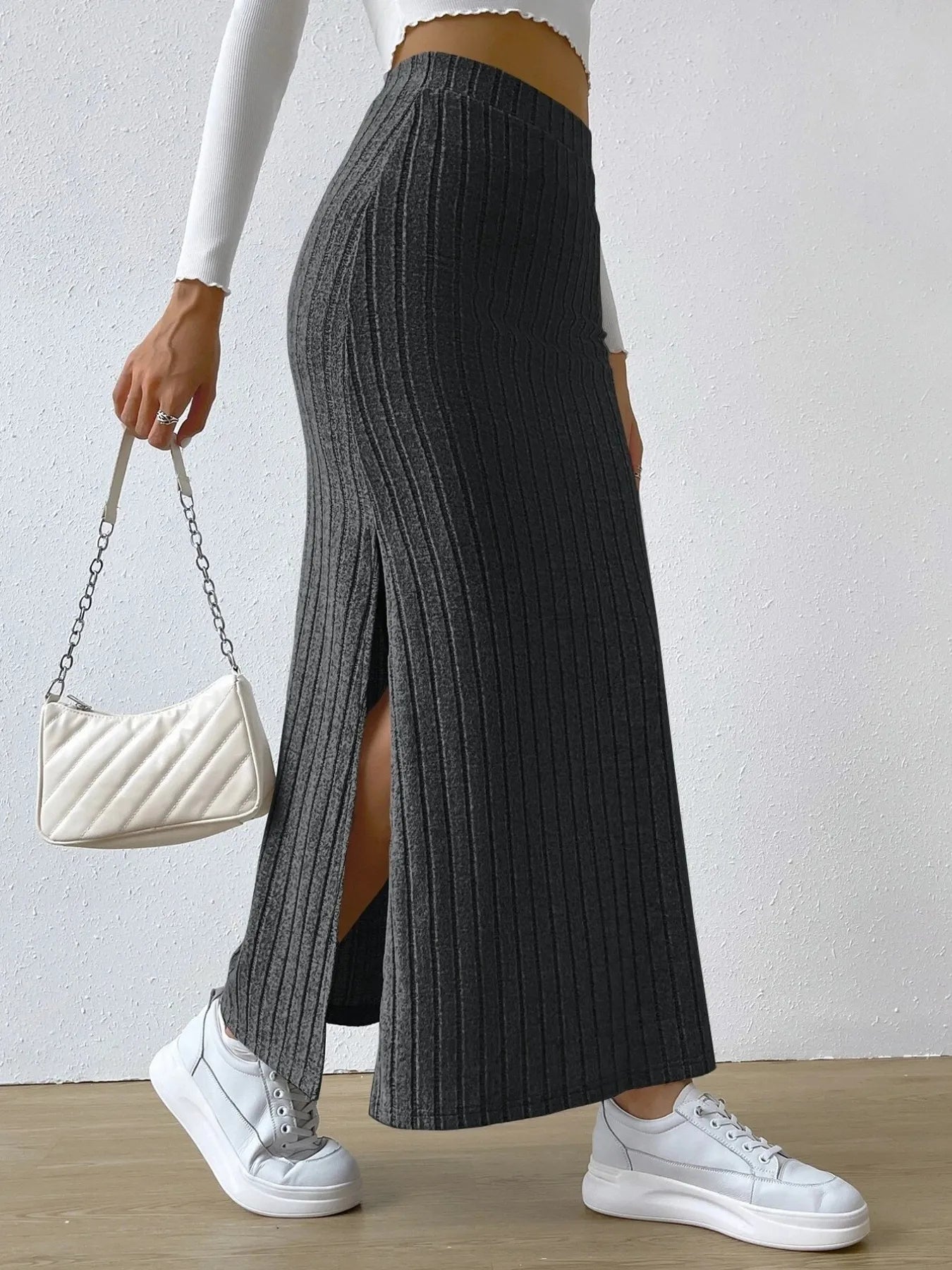 High Waist Ribbed Knit Maxi Skirt | Skirts Maxi Skirt from PHUNKYN