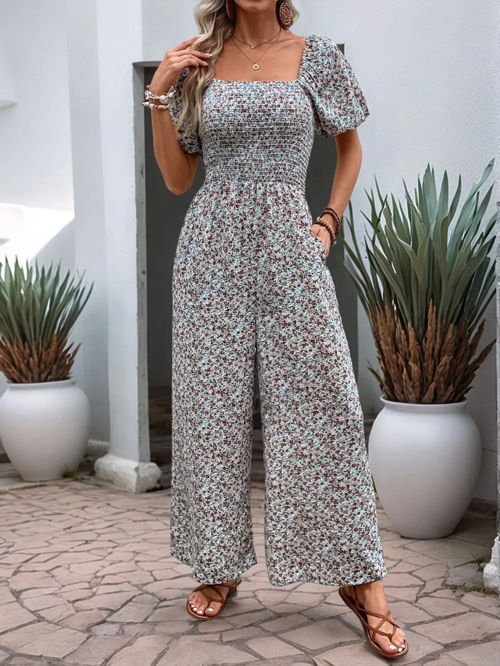 Ditsy Floral Smocked Square Neck Puff Sleeve Jumpsuit | One-Pieces Jumpsuit from PHUNKYN