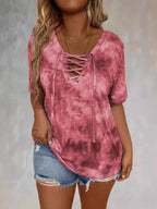 Tie Dye Lace-Up V-Neck Casual T-Shirt | T-Shirts T-Shirt from PHUNKYN