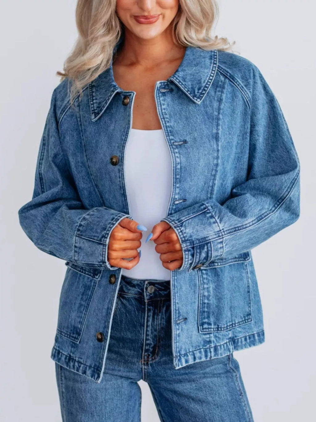 Button Up Raglan Sleeve Denim Jacket | Coats & Jackets Denim Jacket from PHUNKYN