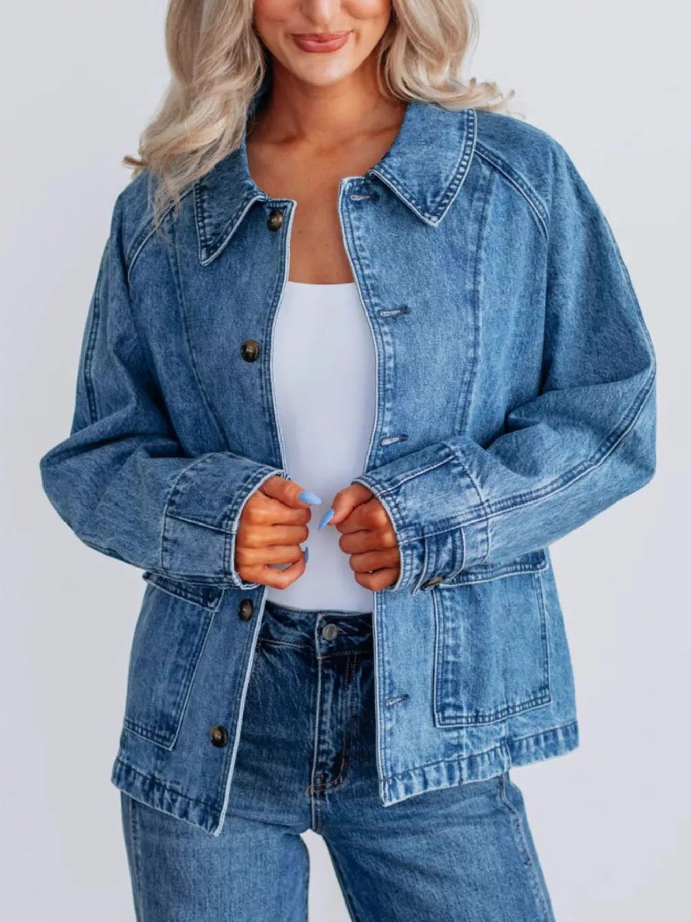 Button Up Raglan Sleeve Denim Jacket | Coats & Jackets Denim Jacket from PHUNKYN