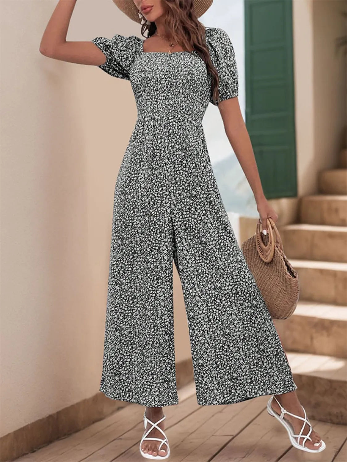 Printed Square Neck Puff Sleeve Jumpsuit | One-Pieces Jumpsuit from PHUNKYN