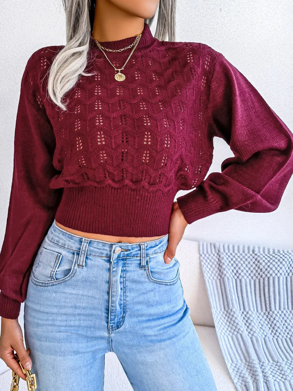 Openwork Mock Neck Long Sleeve Cropped Sweater | Sweaters Sweater from PHUNKYN