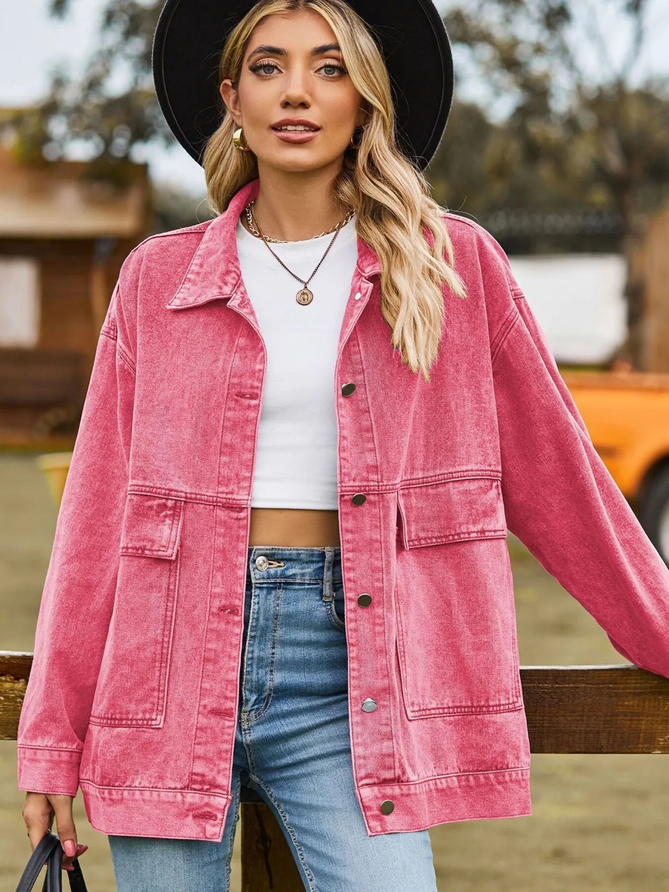 Oversized Button Up Denim Jacket with Hood | Jackets Jacket from PHUNKYN