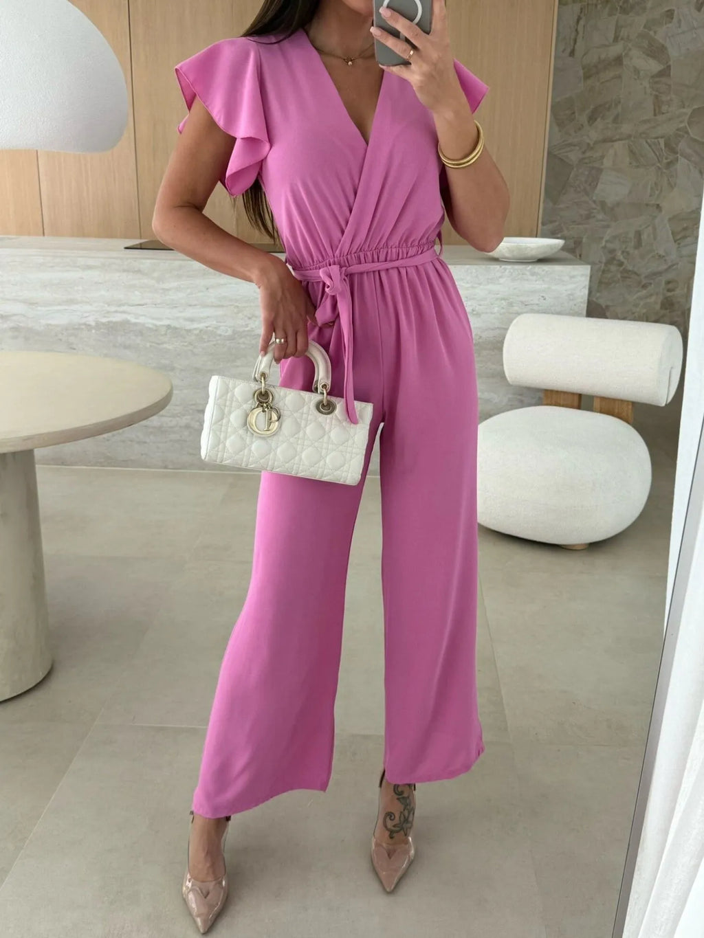 Surplice Wide Leg Belted Jumpsuit One-Pieces Jumpsuit PHUNKYN