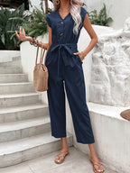 Button-Front Tie Waist Jumpsuit One-Pieces Jumpsuit PHUNKYN