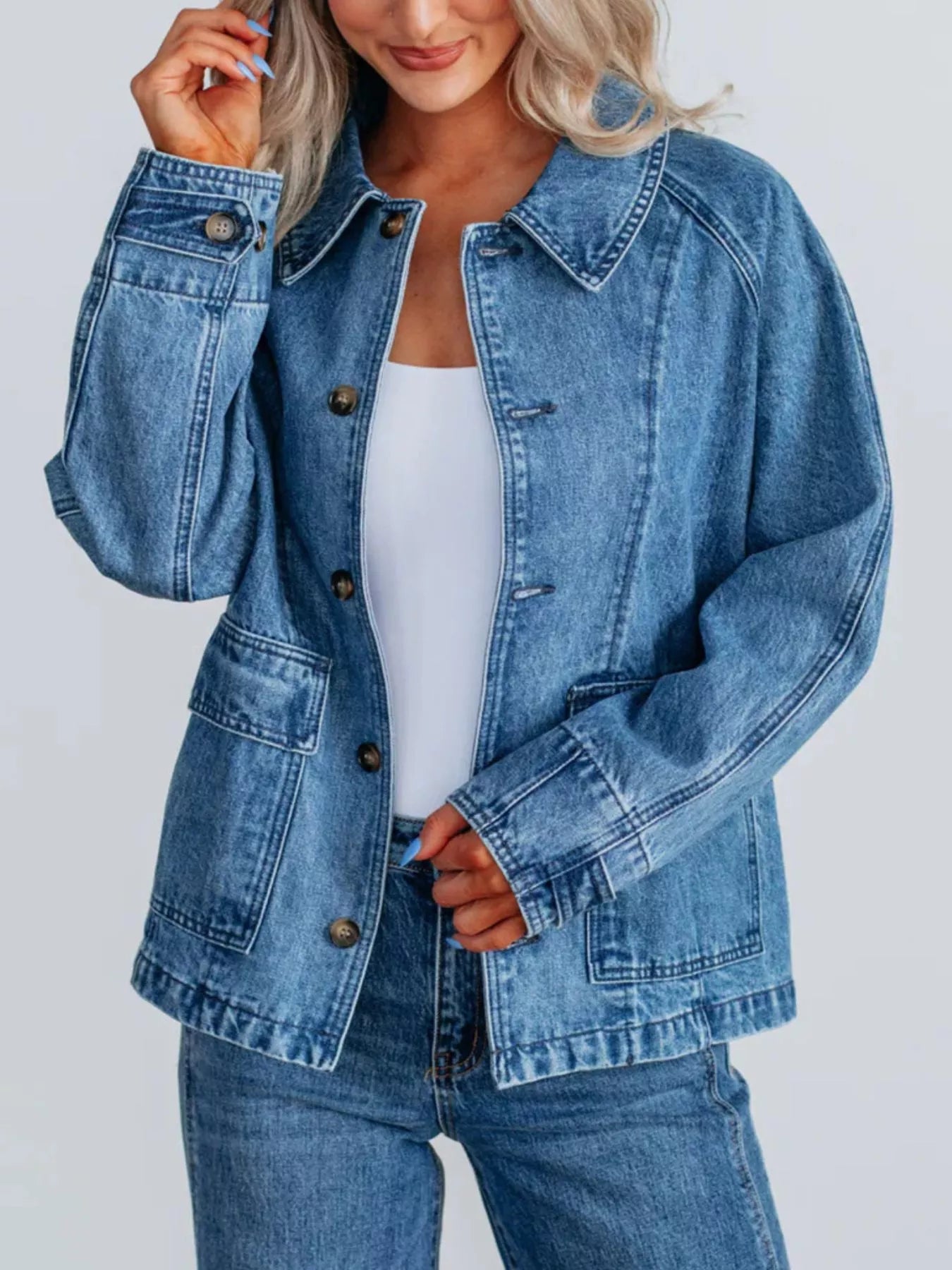 Button Up Raglan Sleeve Denim Jacket | Coats & Jackets Denim Jacket from PHUNKYN