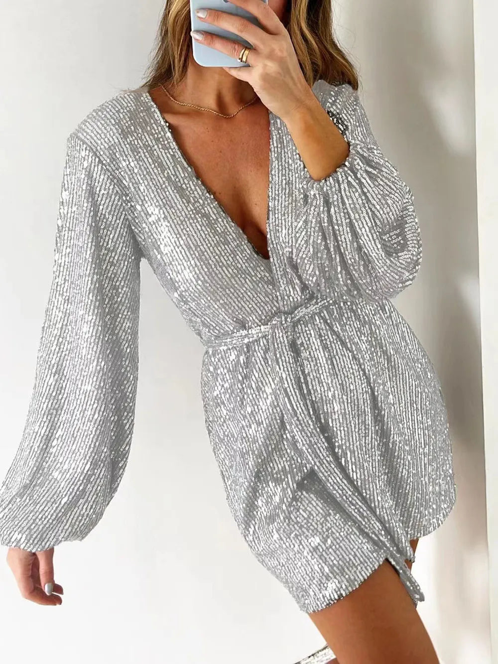 Full Size Sequin Surplice Tie Waist Long Sleeve Romper | Dresses Romper from PHUNKYN