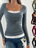 Lace Detail Long Sleeve Ribbed Top | Sweaters Top from PHUNKYN