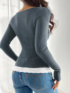 Lace Detail Long Sleeve Ribbed Top | Sweaters Top from PHUNKYN