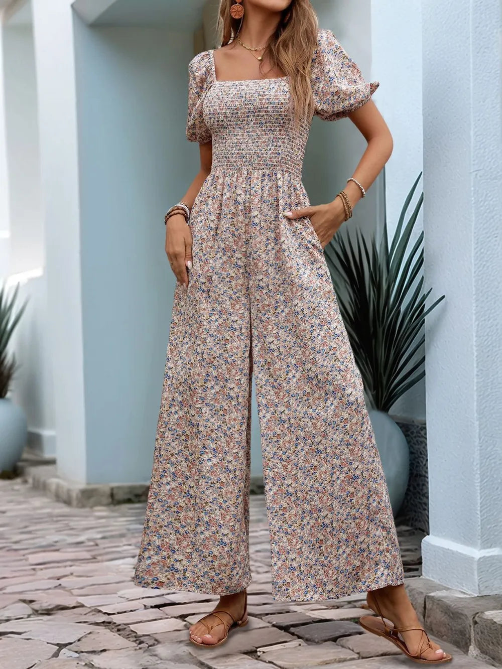 Ditsy Floral Smocked Square Neck Puff Sleeve Jumpsuit | One-Pieces Jumpsuit from PHUNKYN