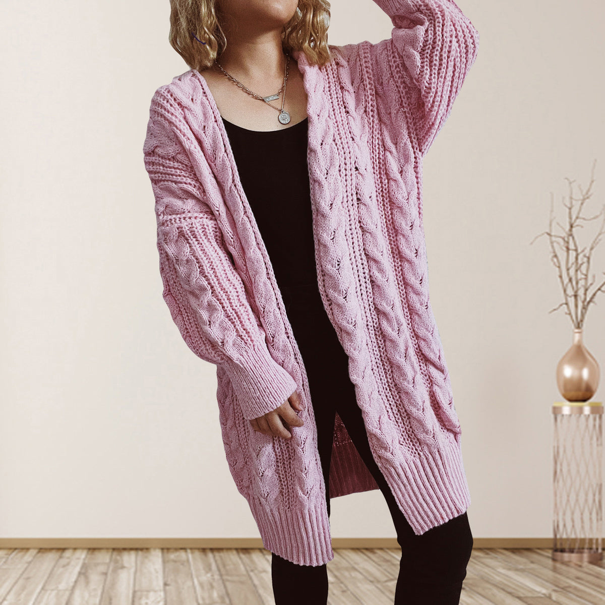 Cable-Knit Open Front Dropped Shoulder Cardigan | Cardigans Cardigan from PHUNKYN