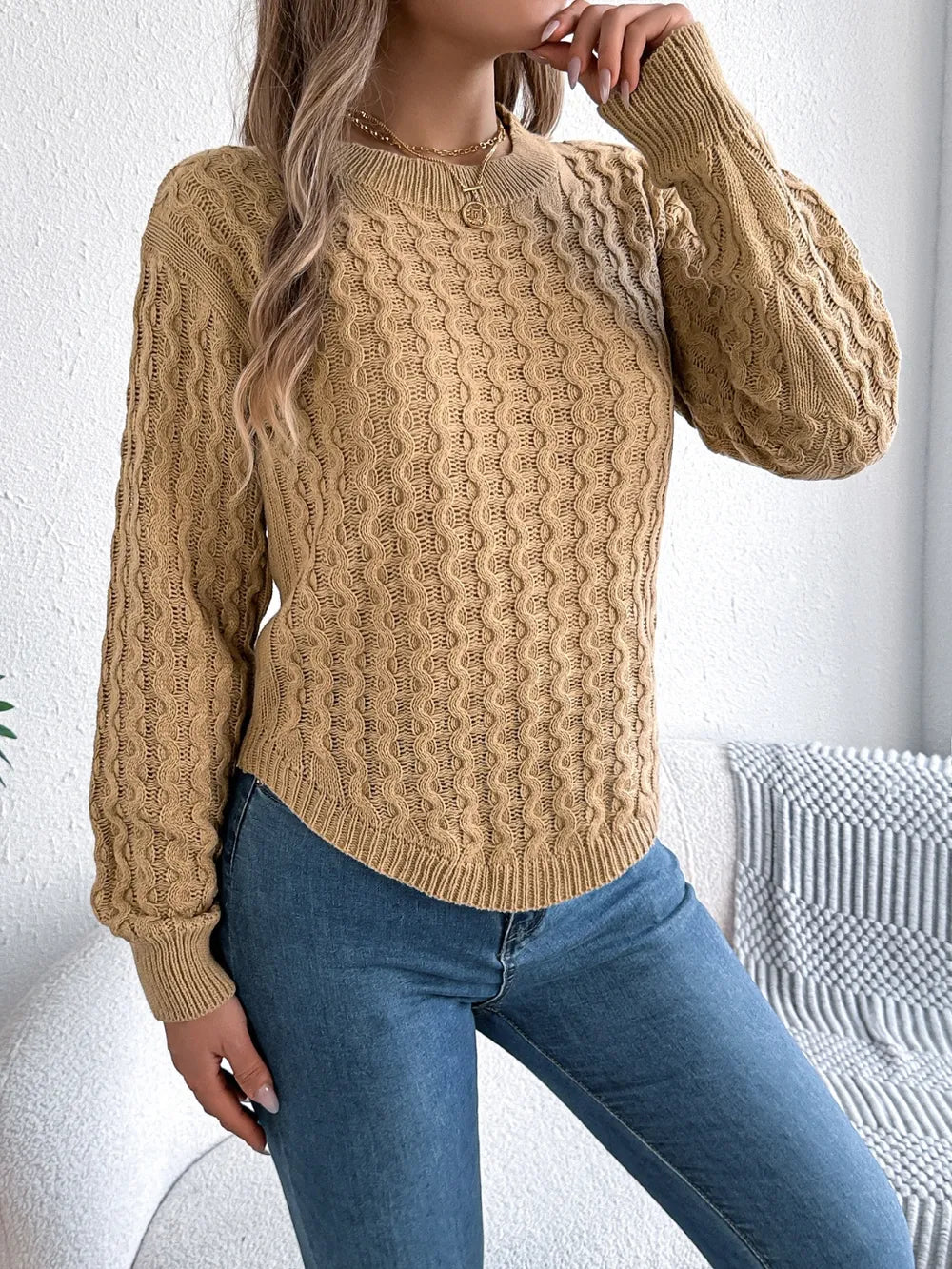 Asymmetric Hem Round Neck Long Sleeve Sweater | Sweaters Sweater from PHUNKYN