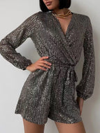 Full Size Sequin Surplice Tie Waist Long Sleeve Romper | Dresses Romper from PHUNKYN
