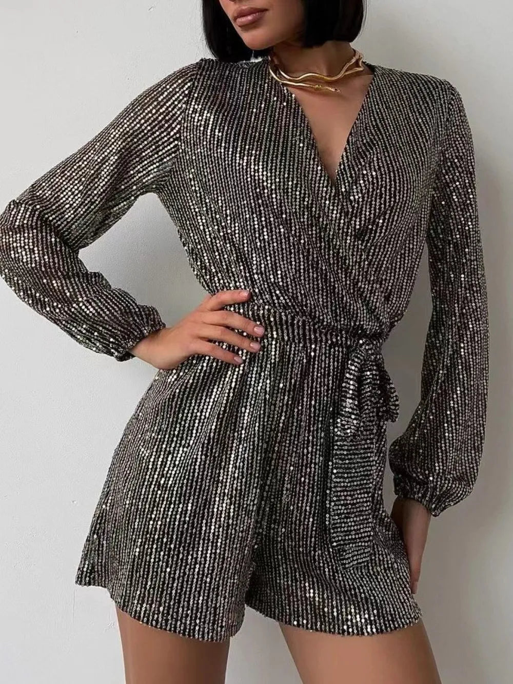 Full Size Sequin Surplice Tie Waist Long Sleeve Romper | Dresses Romper from PHUNKYN