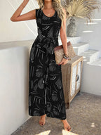 Devine Printed Round Neck Sleeveless Tie Waist Jumpsuit | One-Pieces Jumpsuit from PHUNKYN