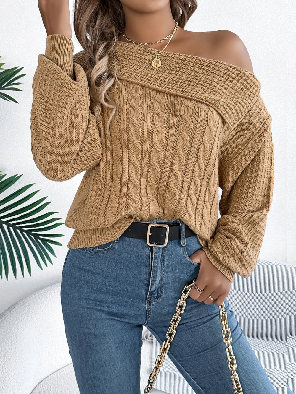 Cable-Knit One Shoulder Long Sleeve Sweater | Sweaters Sweater from PHUNKYN