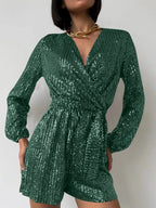 Full Size Sequin Surplice Tie Waist Long Sleeve Romper | Dresses Romper from PHUNKYN
