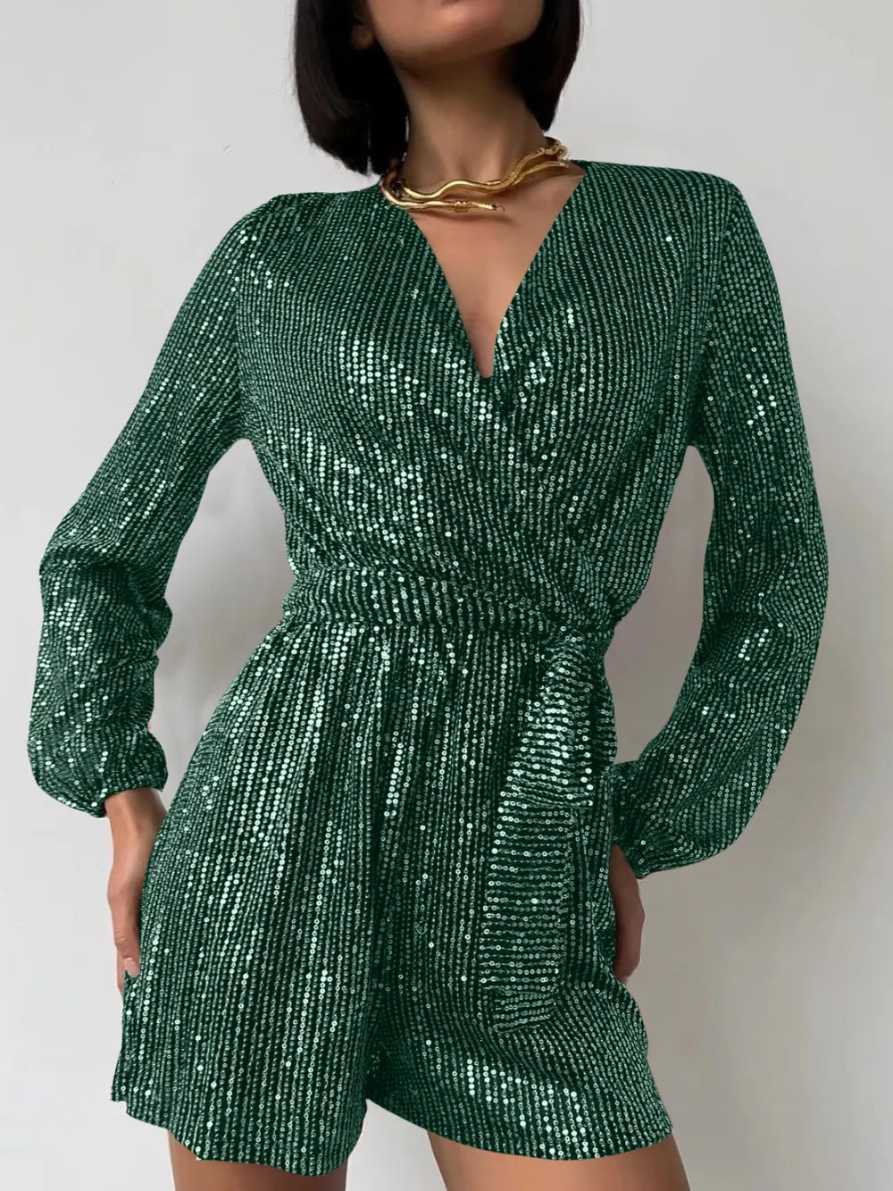 Full Size Sequin Surplice Tie Waist Long Sleeve Romper | Dresses Romper from PHUNKYN