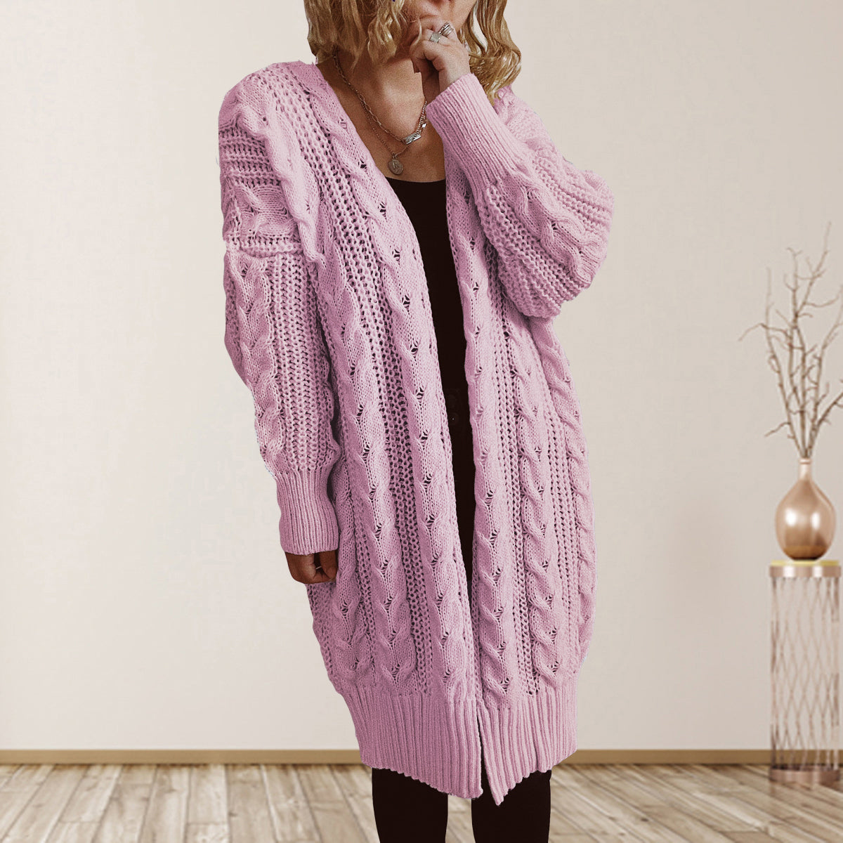 Cable-Knit Open Front Dropped Shoulder Cardigan | Cardigans Cardigan from PHUNKYN