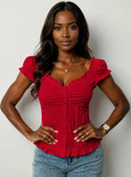 Frill Ruched Cap Sleeve Blouse | Blouses Blouse from PHUNKYN