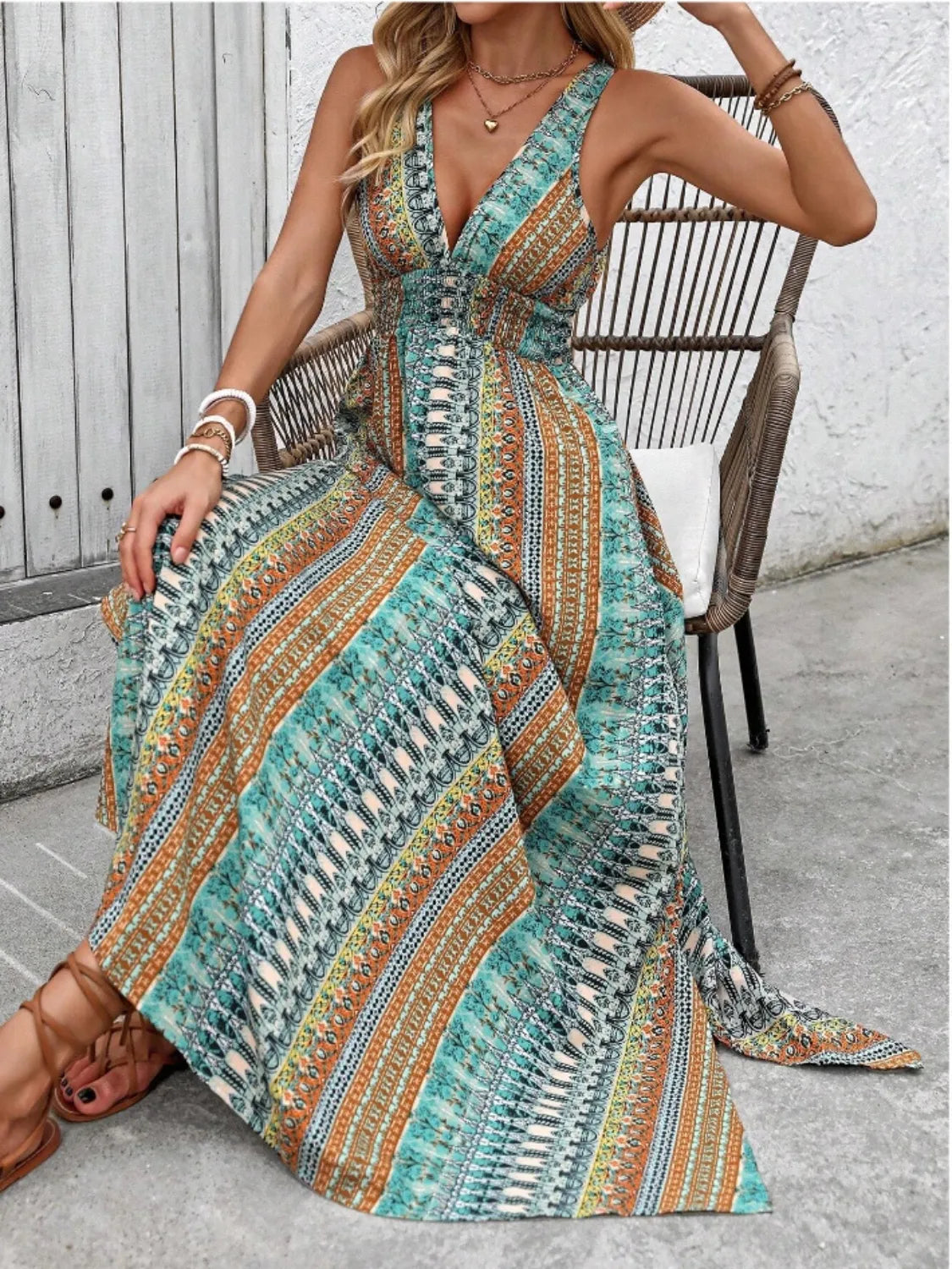 Tied Back Printed Sleeveless Maxi Slit Dress | Dresses Maxi Dress from PHUNKYN