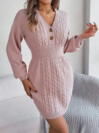Buttoned Cable-Knit V-Neck Sweater Dress | Dresses Sweater Dress from PHUNKYN