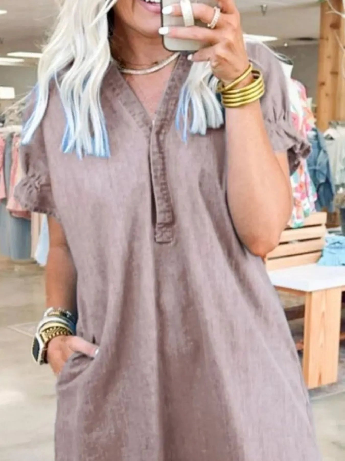 V-Neck Short Sleeve Denim Dress | Dresses Denim Dress from PHUNKYN