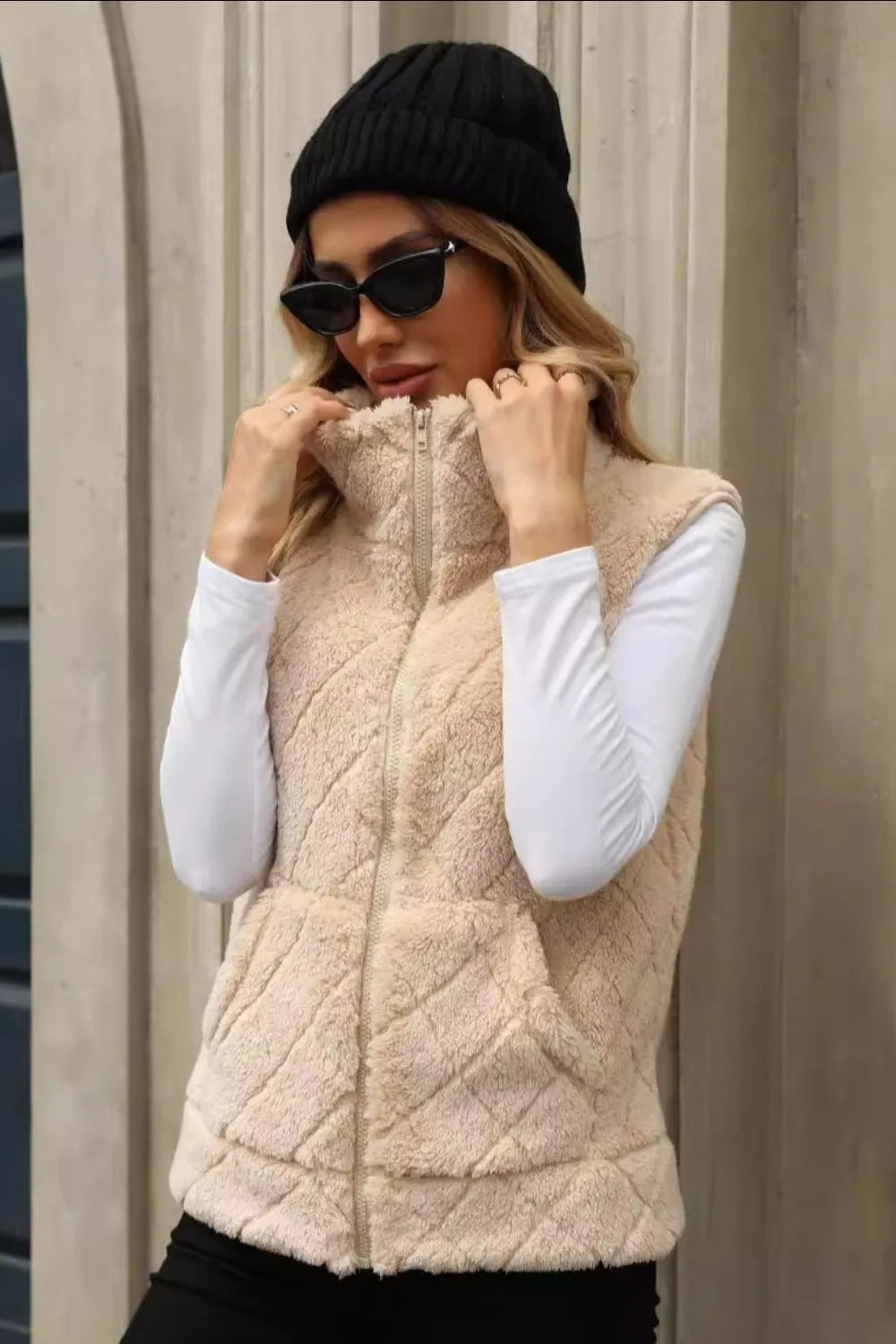 Fuzzy Plaid Texture Zip Up Vest Coat | Vest from PHUNKYN