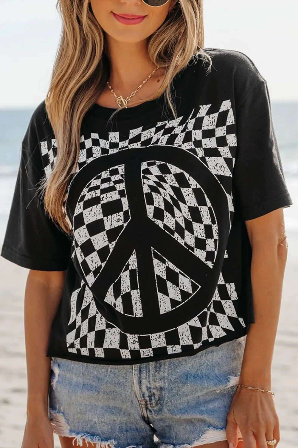 Checkered Peace Sign Round Neck T-Shirt | T-Shirts T-Shirt from PHUNKYN