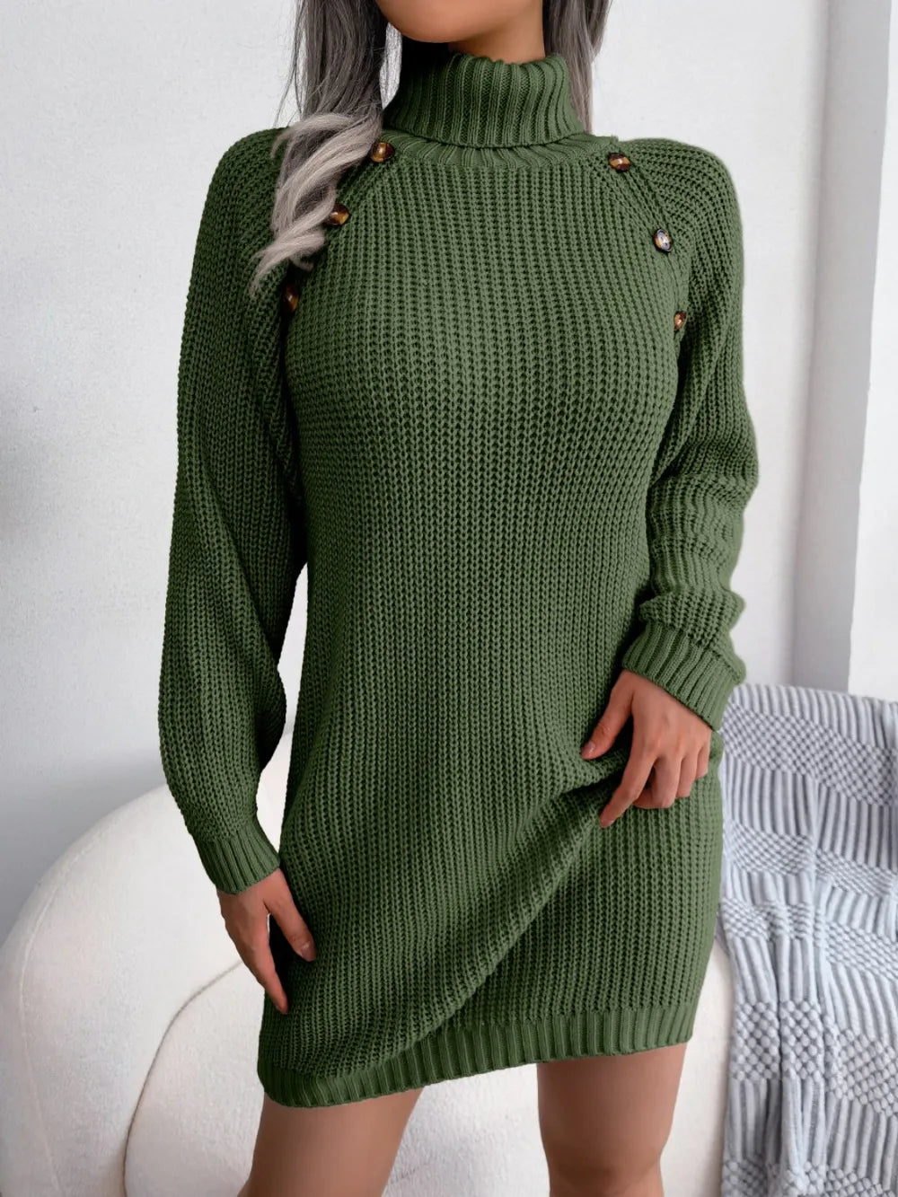 Decorative Button Turtleneck Sweater Dress | Dresses Sweater Dress from PHUNKYN