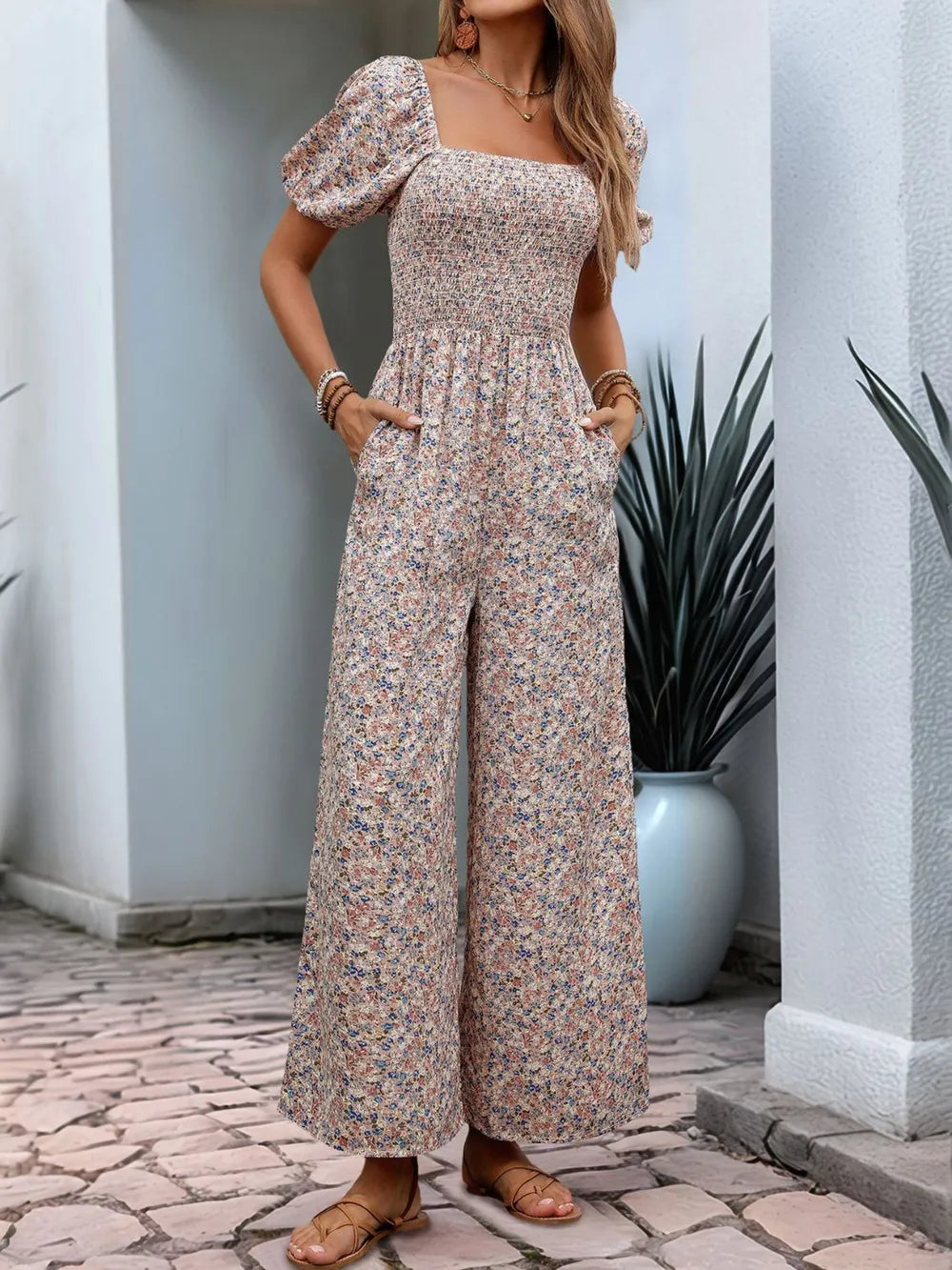 Ditsy Floral Smocked Square Neck Puff Sleeve Jumpsuit | One-Pieces Jumpsuit from PHUNKYN