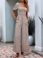 Ditsy Floral Smocked Square Neck Puff Sleeve Jumpsuit | One-Pieces Jumpsuit from PHUNKYN