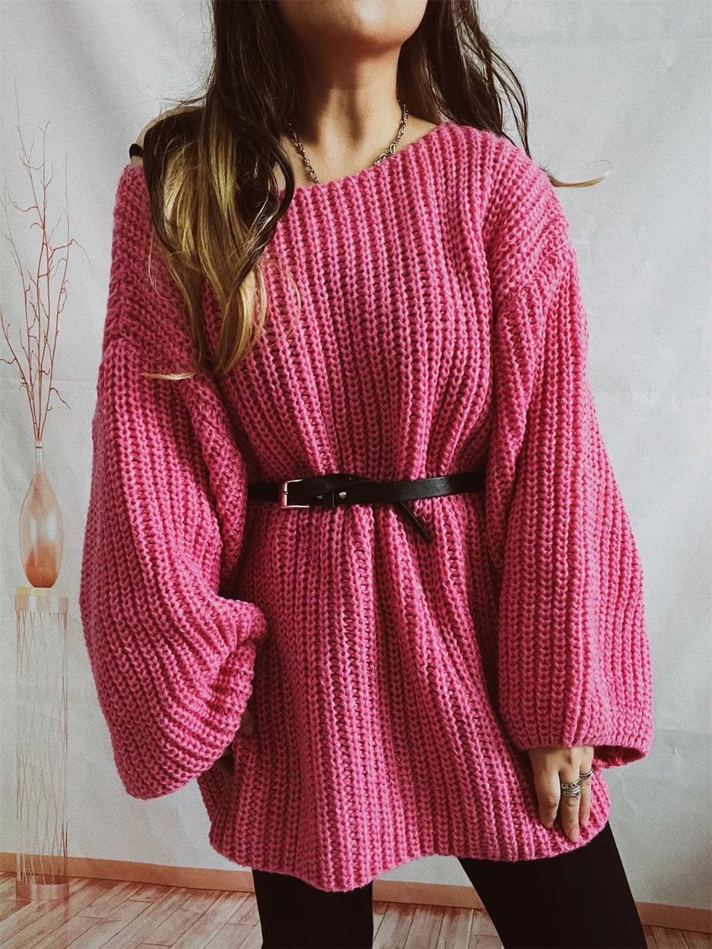 Boat Neck Long Sleeve Sweater with Belt | Sweaters Sweater from PHUNKYN