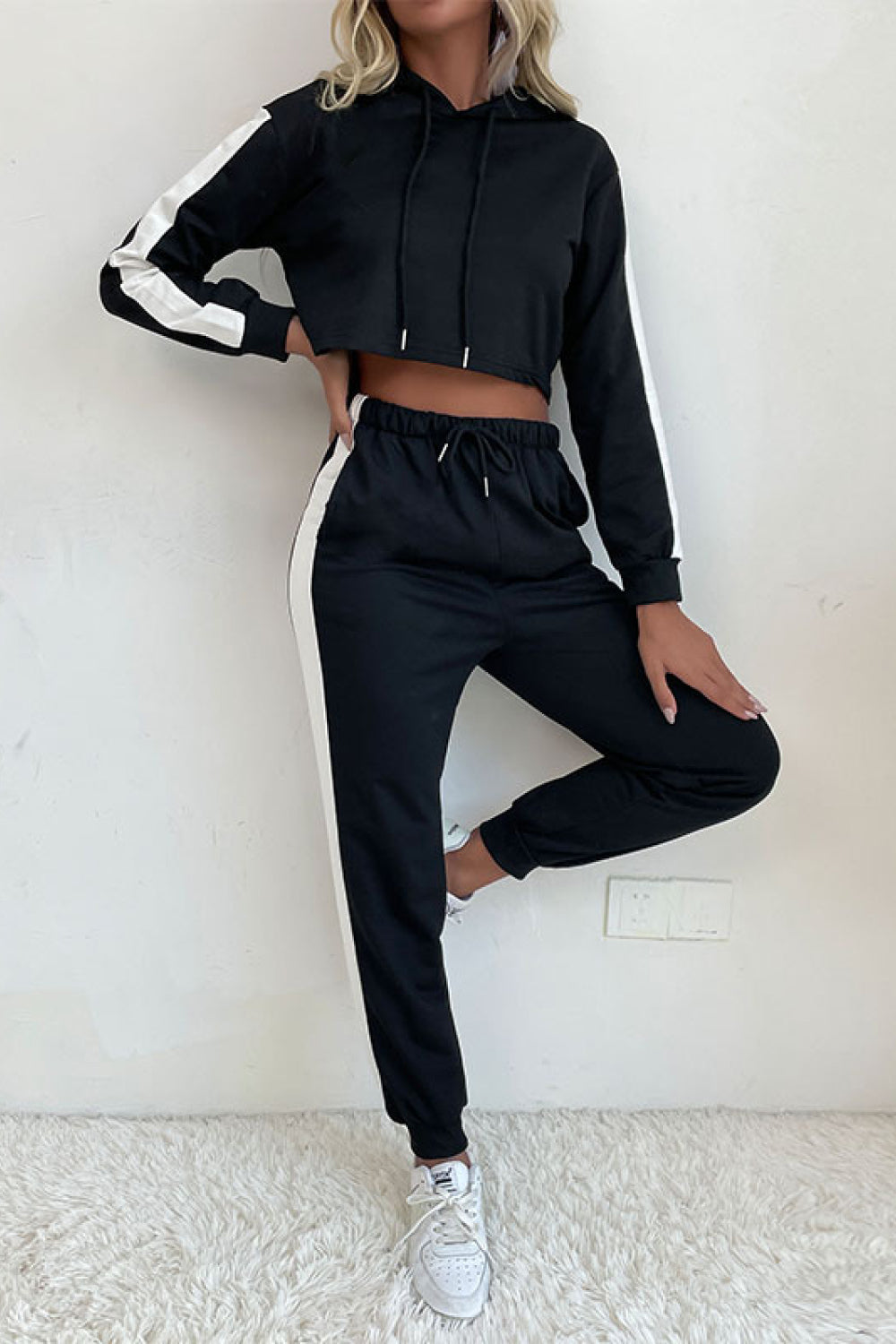 Side Stripe Cropped Hoodie and Jogger Set | Top and Pants Set from PHUNKYN