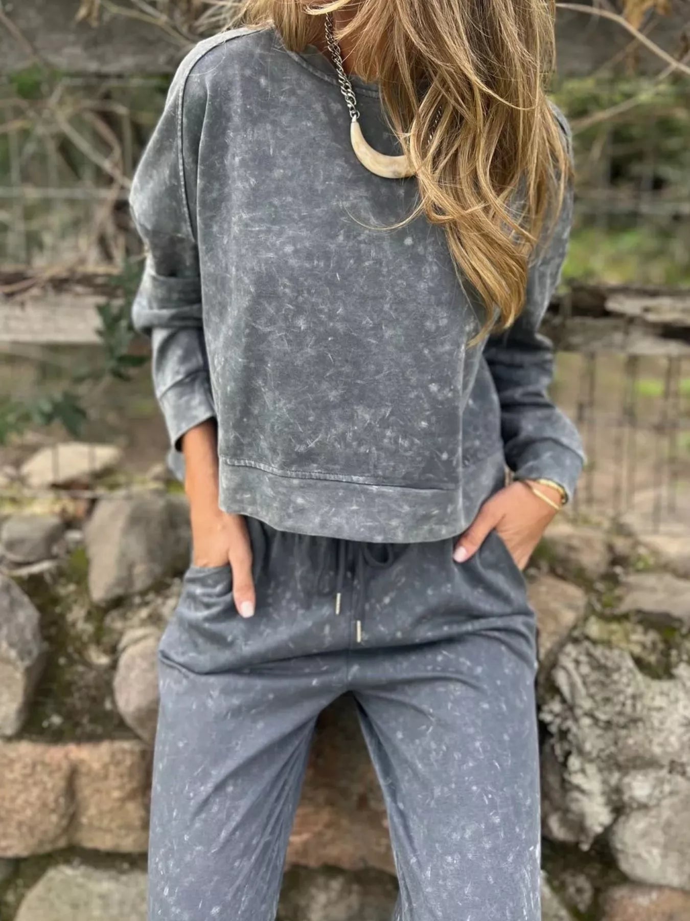 Washed Round Neck Top and Drawstring Pants Set | Top and Pants Set from PHUNKYN