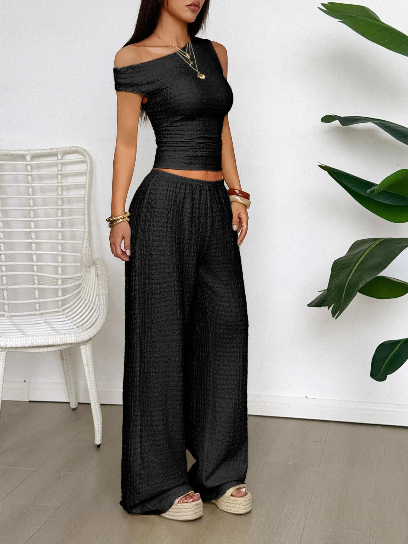 One Shoulder Top and Wide Leg Pants Set | Outfit Sets Top and Pants Set from PHUNKYN