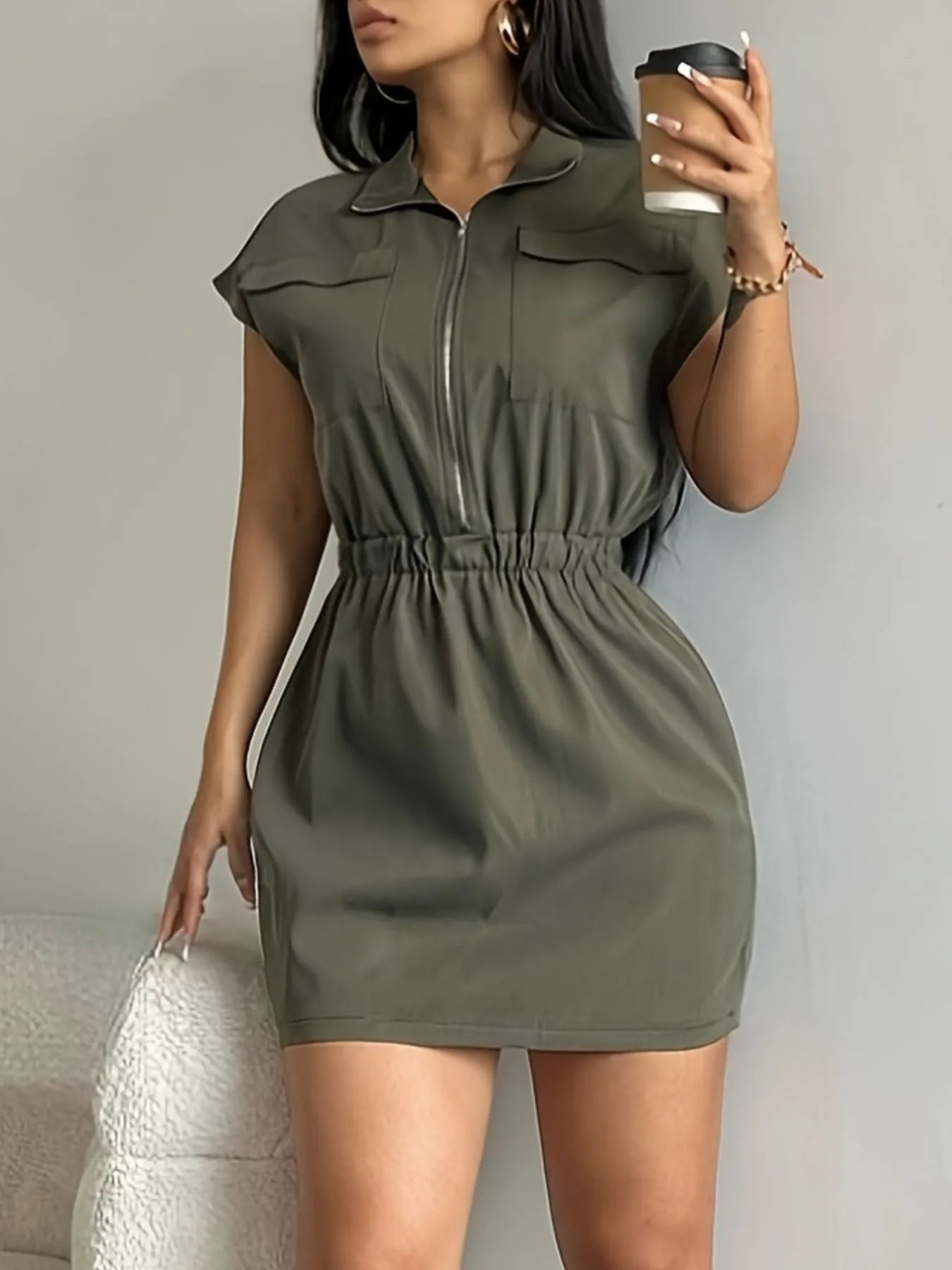 Zipper Front Short Sleeve Mini Dress | Dresses Mini Dress from PHUNKYN