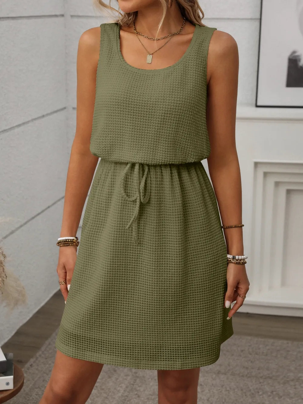 Waffle-Knit Drawstring Mini Tank Dress | Dresses Dress from PHUNKYN