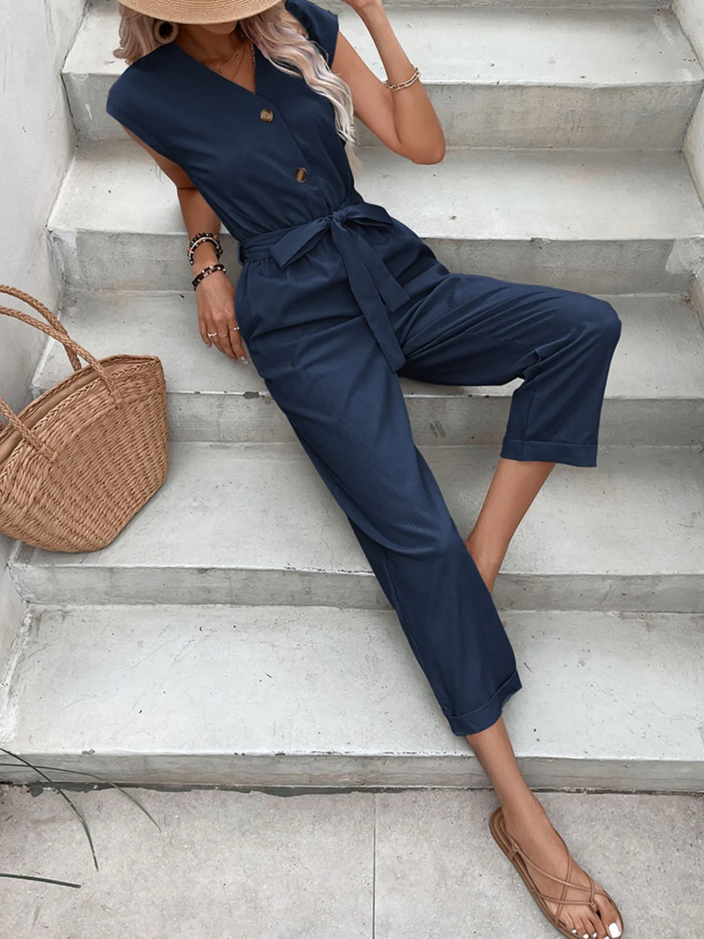 Button-Front Tie Waist Jumpsuit One-Pieces Jumpsuit PHUNKYN